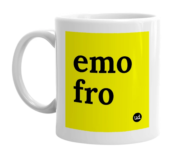 White mug with 'emo fro' in bold black letters