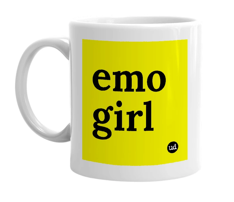 White mug with 'emo girl' in bold black letters