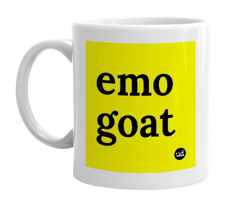 White mug with 'emo goat' in bold black letters