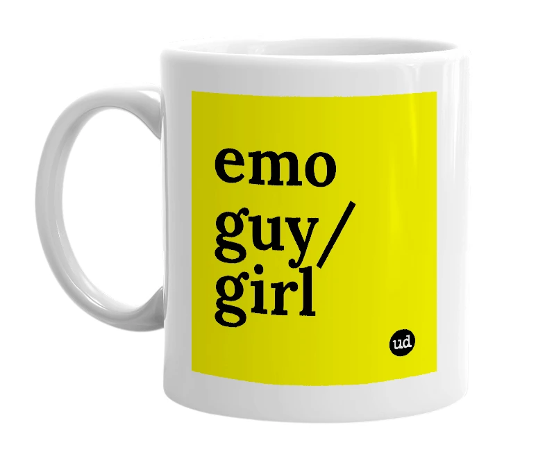 White mug with 'emo guy/girl' in bold black letters