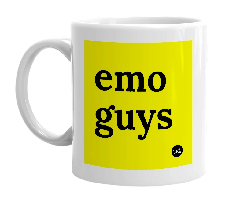 White mug with 'emo guys' in bold black letters
