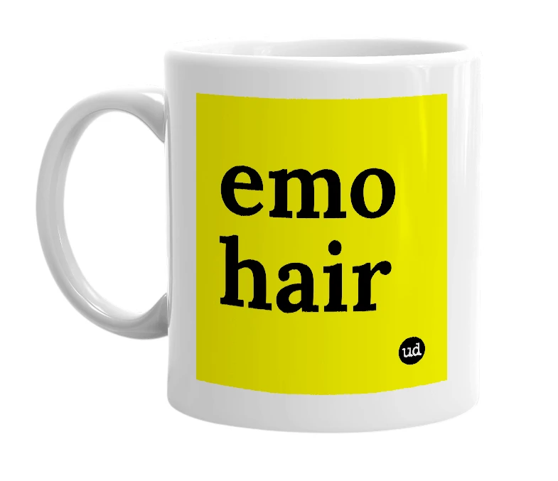 White mug with 'emo hair' in bold black letters