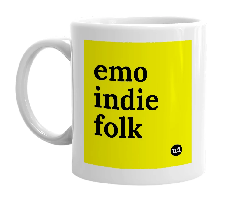 White mug with 'emo indie folk' in bold black letters