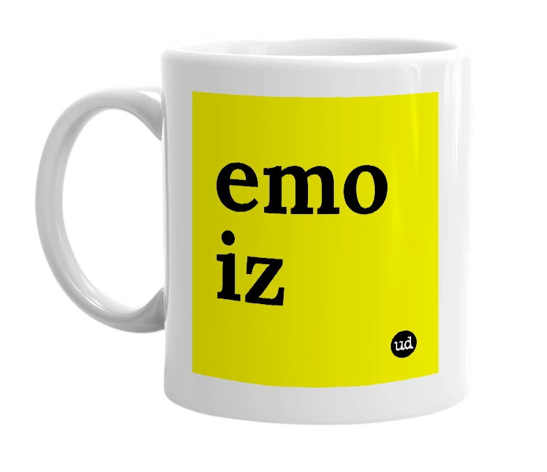 White mug with 'emo iz' in bold black letters