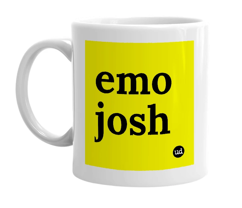 White mug with 'emo josh' in bold black letters