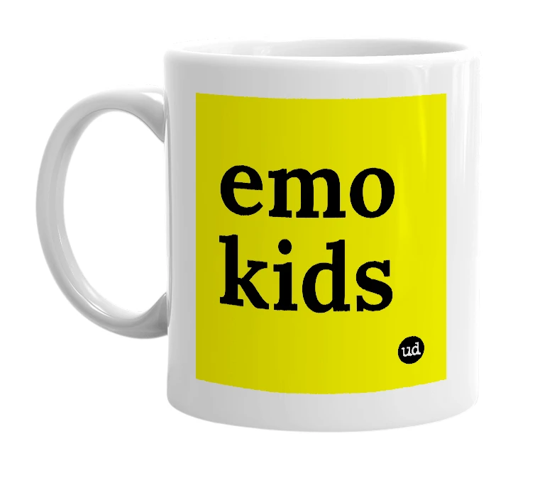 White mug with 'emo kids' in bold black letters