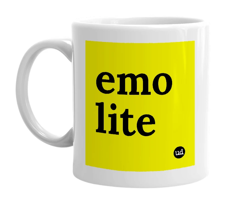 White mug with 'emo lite' in bold black letters