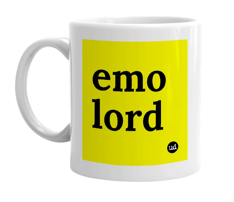 White mug with 'emo lord' in bold black letters