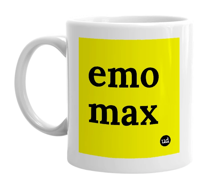 White mug with 'emo max' in bold black letters