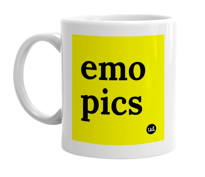 White mug with 'emo pics' in bold black letters