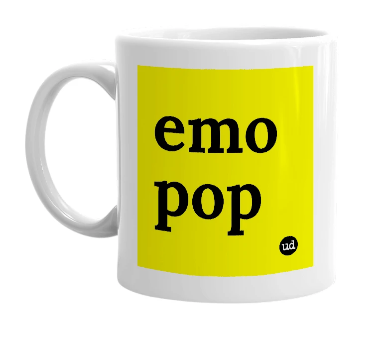 White mug with 'emo pop' in bold black letters