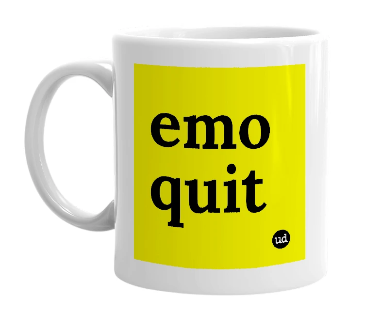 White mug with 'emo quit' in bold black letters