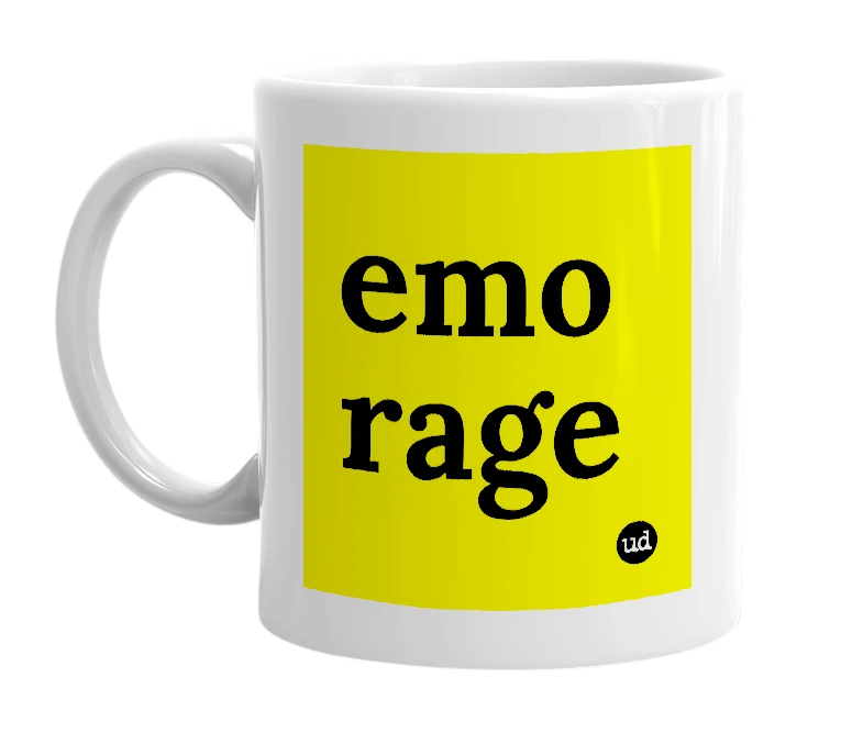 White mug with 'emo rage' in bold black letters