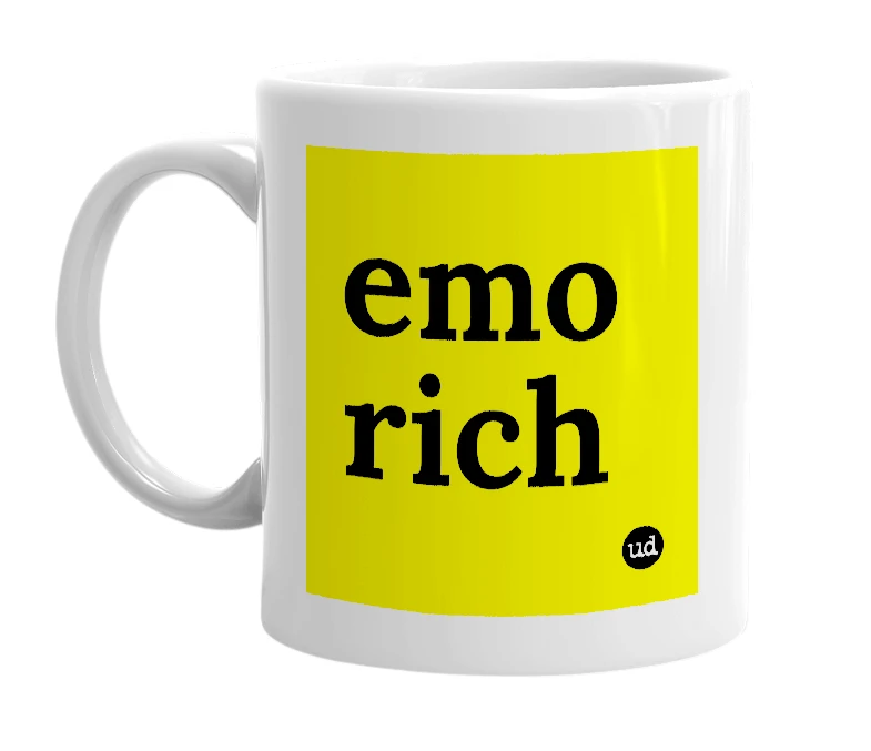 White mug with 'emo rich' in bold black letters