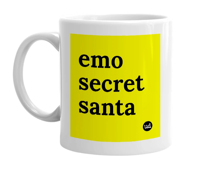 White mug with 'emo secret santa' in bold black letters