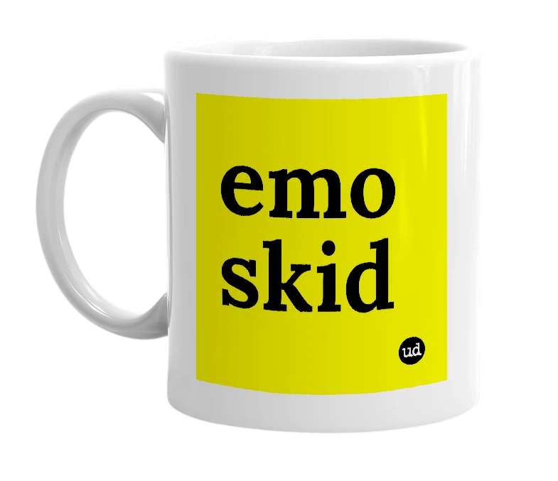 White mug with 'emo skid' in bold black letters