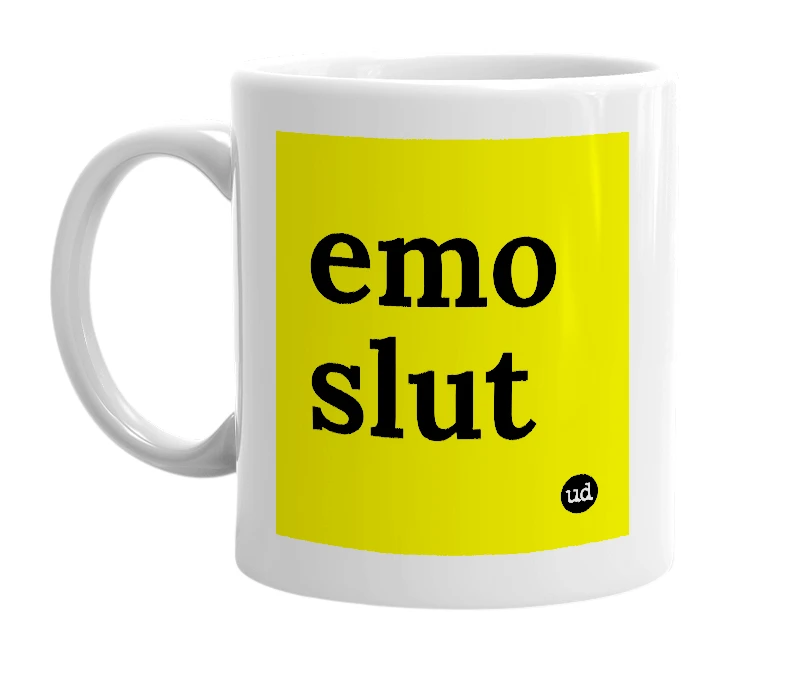 White mug with 'emo slut' in bold black letters