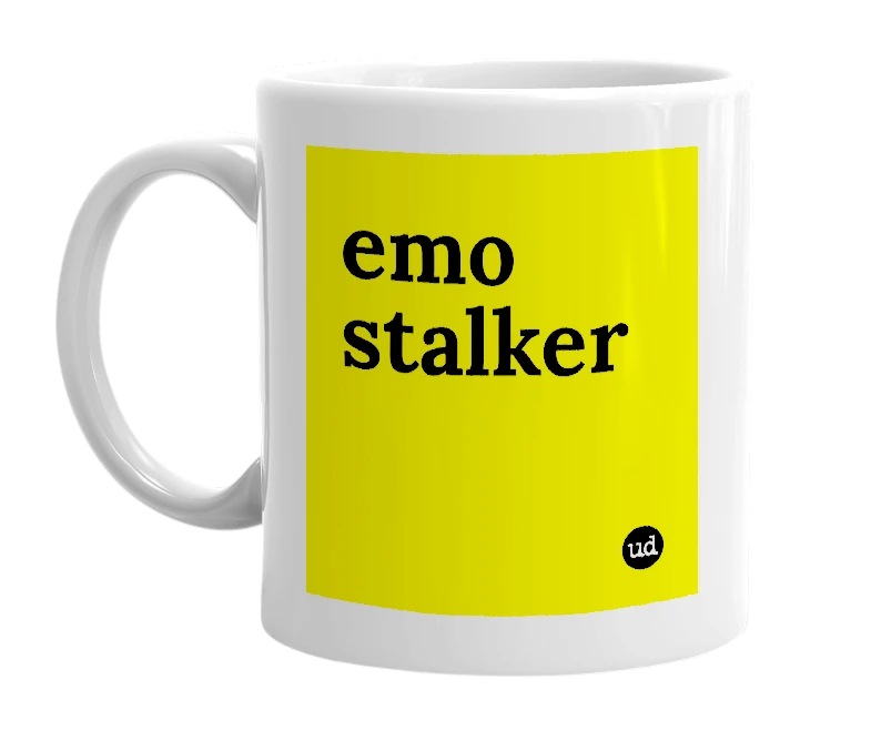 White mug with 'emo stalker' in bold black letters