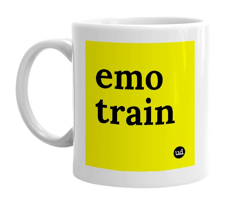 White mug with 'emo train' in bold black letters