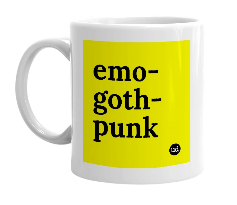 White mug with 'emo-goth-punk' in bold black letters