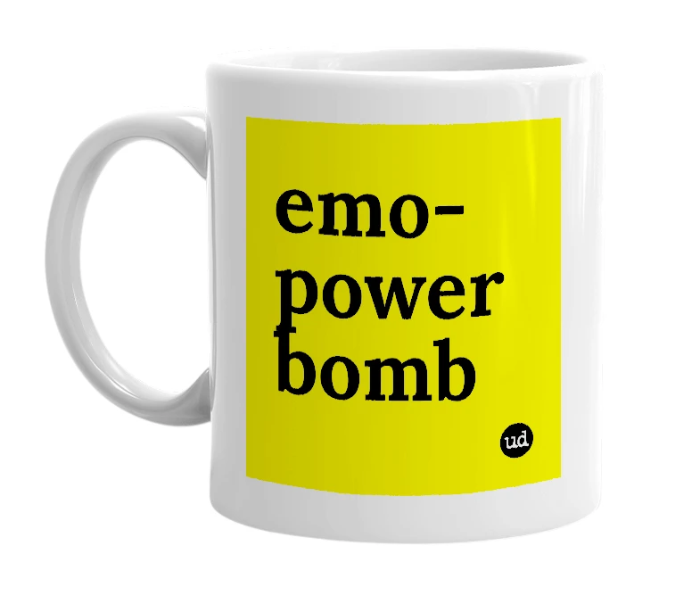 White mug with 'emo-power bomb' in bold black letters