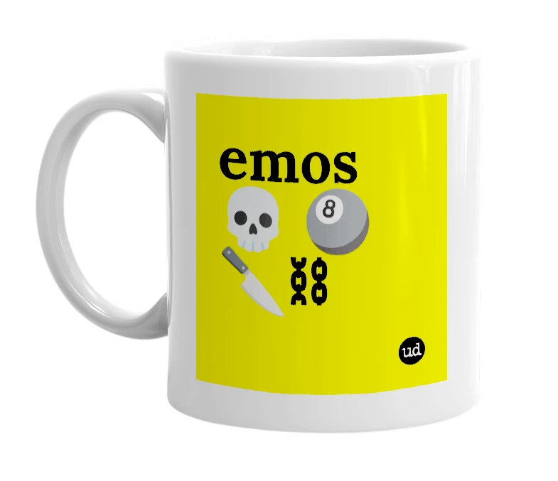 White mug with 'emos💀 🎱🔪⛓' in bold black letters
