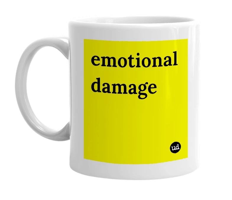 White mug with 'emotional damage' in bold black letters