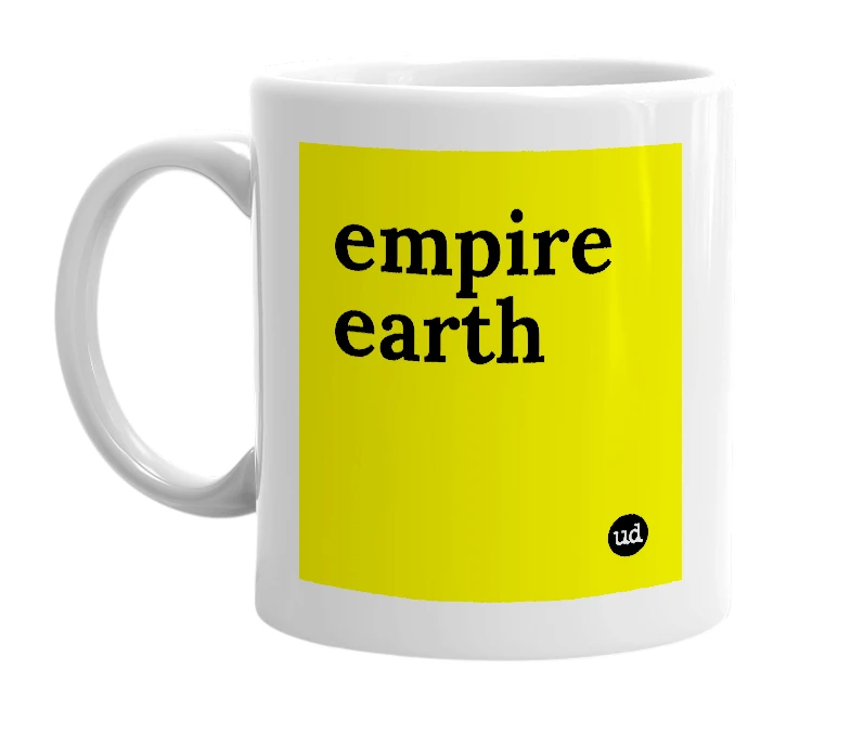 White mug with 'empire earth' in bold black letters