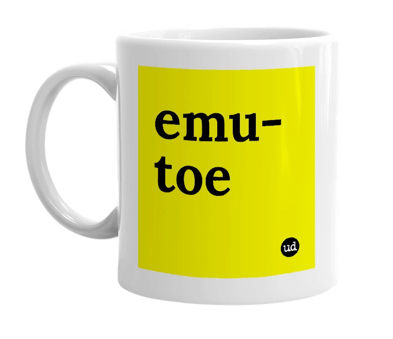 White mug with 'emu-toe' in bold black letters