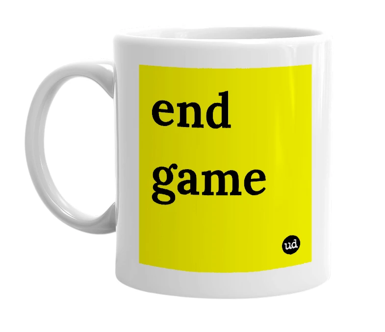 White mug with 'end game' in bold black letters