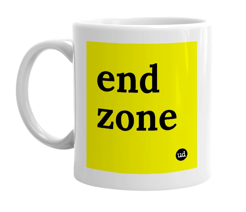 White mug with 'end zone' in bold black letters