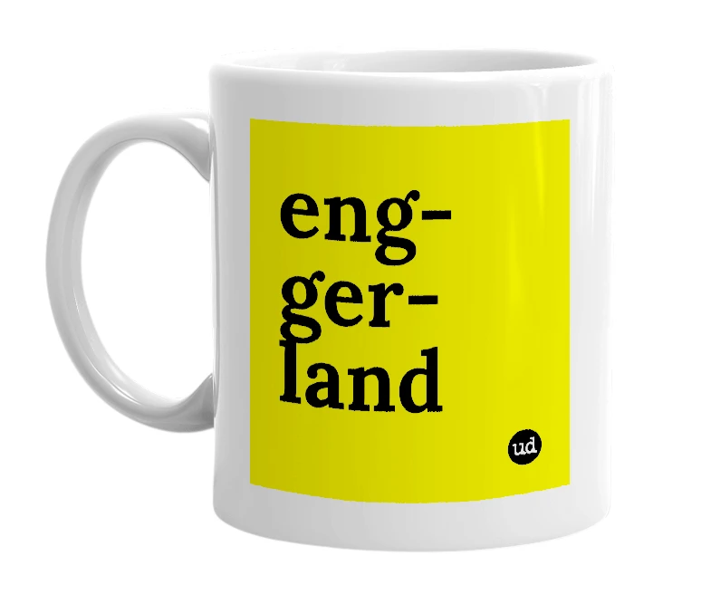White mug with 'eng-ger-land' in bold black letters