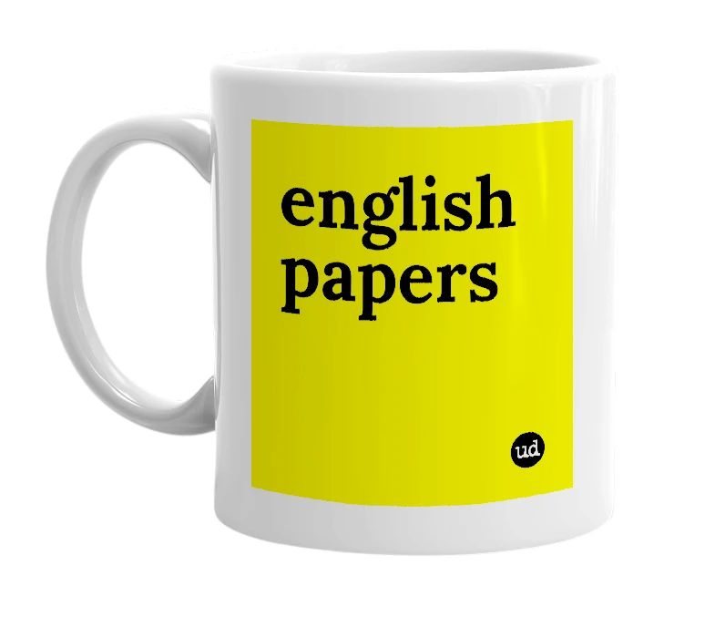 White mug with 'english papers' in bold black letters