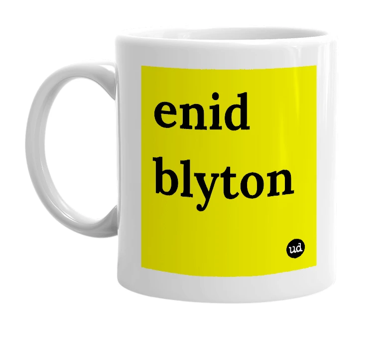 White mug with 'enid blyton' in bold black letters