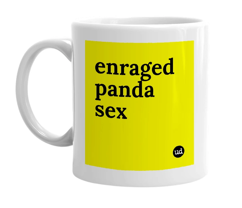 White mug with 'enraged panda sex' in bold black letters