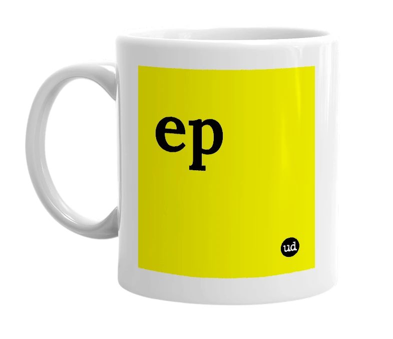 White mug with 'ep' in bold black letters