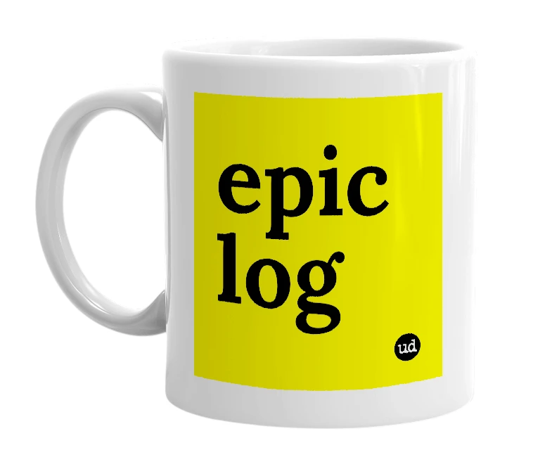 White mug with 'epic log' in bold black letters