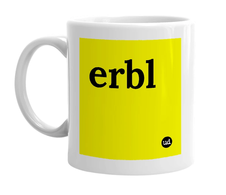 White mug with 'erbl' in bold black letters