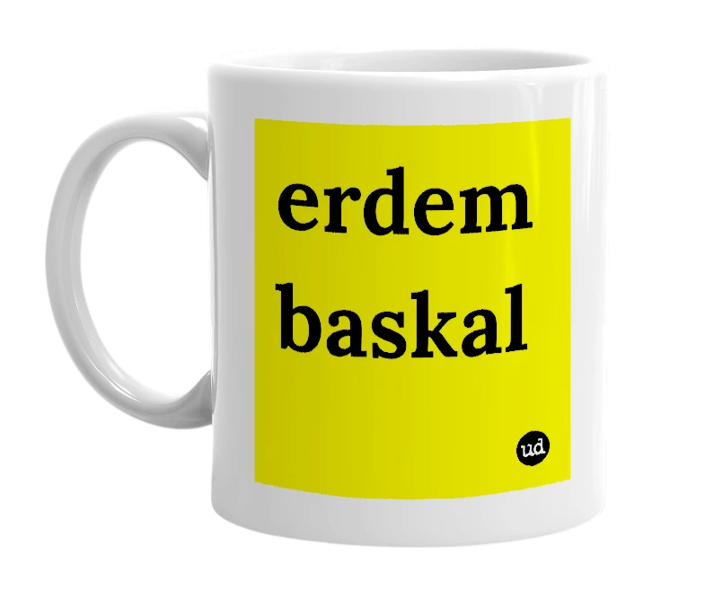 White mug with 'erdem baskal' in bold black letters