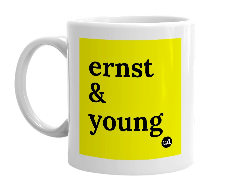 White mug with 'ernst & young' in bold black letters