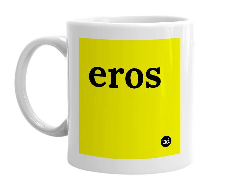 White mug with 'eros' in bold black letters