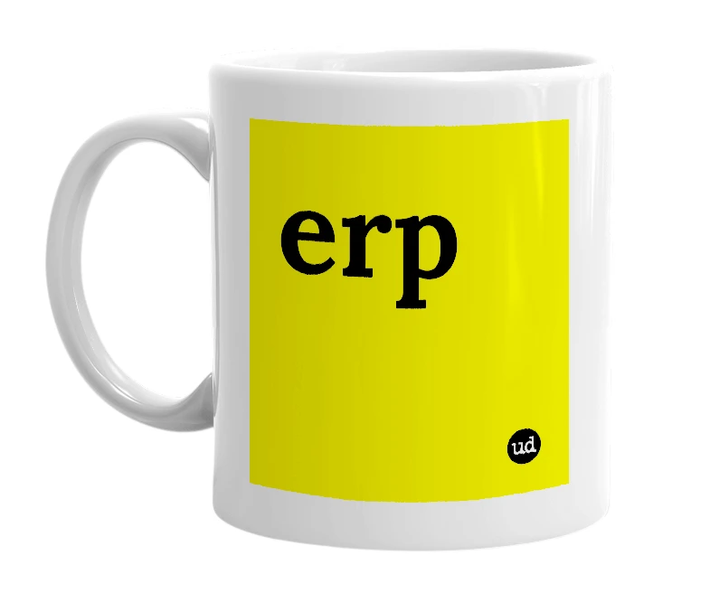 White mug with 'erp' in bold black letters