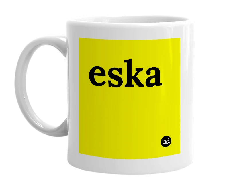 White mug with 'eska' in bold black letters