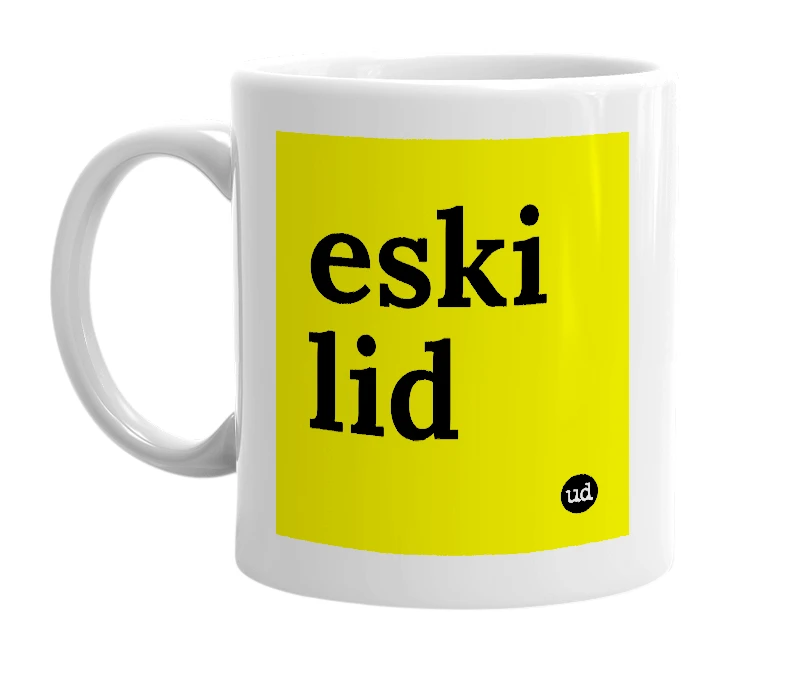 White mug with 'eski lid' in bold black letters