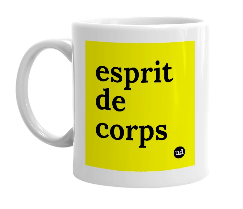 White mug with 'esprit de corps' in bold black letters