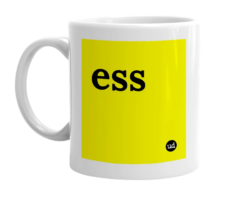 White mug with 'ess' in bold black letters