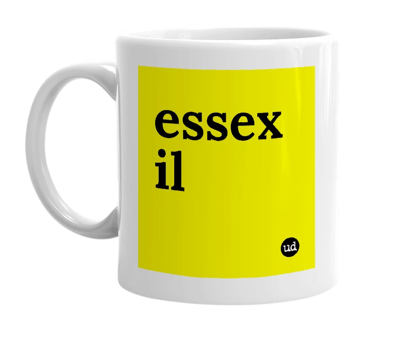 White mug with 'essex il' in bold black letters