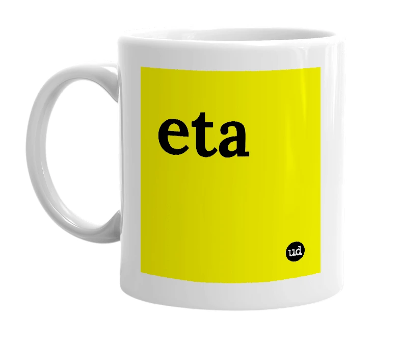 White mug with 'eta' in bold black letters