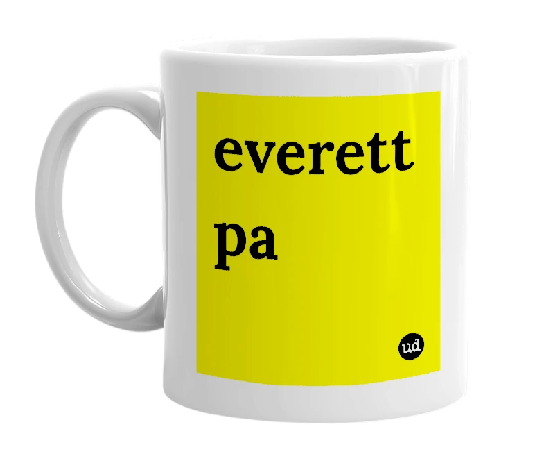 White mug with 'everett pa' in bold black letters