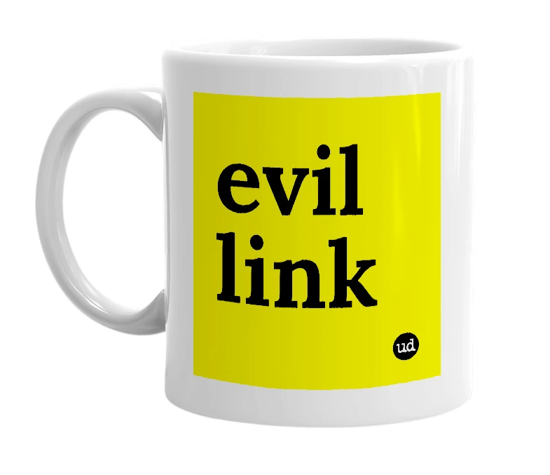 White mug with 'evil link' in bold black letters